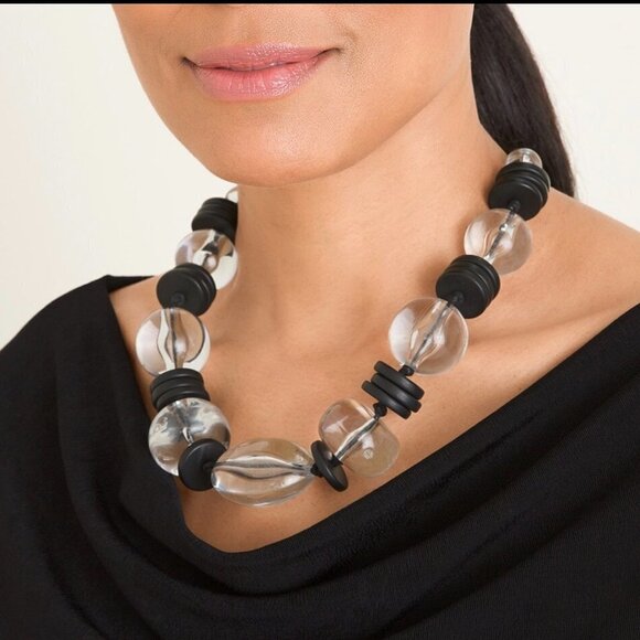 Chico's NWT Black Clear Beaded Lucite Bib Necklace - Picture 2 of 8